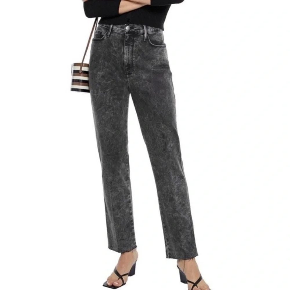 Frame Le Sylvie Slender Straight Leg Raw Hem Jean Black Acid Rockstar Wash Sz 25